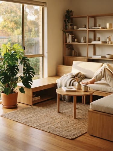 Medium shot of a warm minimalist living room with modular wooden furniture, soft afternoon sunlight streaming through window, indoor monstera plant, 35mm photography