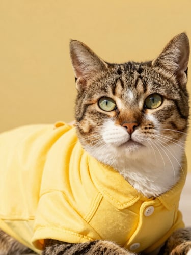 vibrant editorial pet photography, warm natural daylight, a beautiful tabby cat wearing a tailored soft yellow shirt, looking relaxed and playful, close-up details of stitching, 35mm