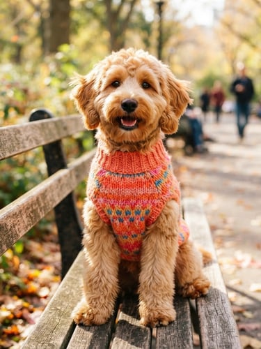 vibrant editorial pet photography, bright warm natural daylight, a happy fluffy dog wearing a colorful handmade coral sweater, sitting comfortably on a sunny park bench, 35mm