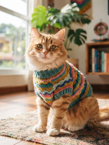 Vibrant eye-level portrait of a happy fluffy cat wearing a colorful handmade knit sweater, sitting comfortably in a sunlit room in Guayaquil, 35mm