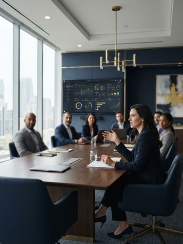 Wide shot of a modern executive boardroom with a large display showing analytical dashboards, soft natural daylight, deep navy and gold accents, minimalist corporate setting, shallow depth of field, subject off-center right.