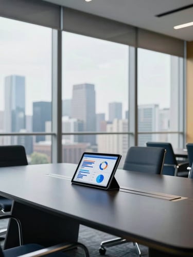 Wide shot of a modern, minimalist executive boardroom with large windows overlooking a city skyline, a tablet displaying analytics on the table. Soft, natural daylight. Deep navy and gold accents.