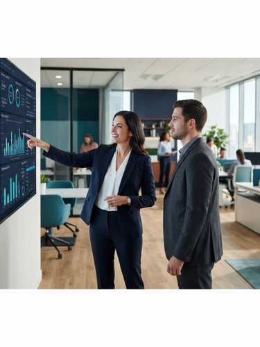 Wide panoramic modern hospital administration office, digital dashboards showing financial metrics, a professional woman in a navy blazer pointing at a screen, bright natural office light, teal and navy tones, sharp focus, 35mm lens, subject slightly to the left, generous negative space on the right.
