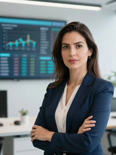 Professional woman (Kátia Gois) looking confidently at the camera, in a modern office, with a blurred background of a digital financial dashboard, professional portrait, soft daylight, teal and navy accents.