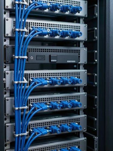 Close-up of clean, organized server racks with neat blue cabling, cool cobalt lighting, high-tech professional atmosphere.
