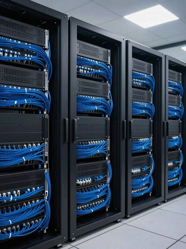 Wide environmental shot of organized server racks with neat blue cabling, cool high-tech lighting, clean corporate atmosphere.