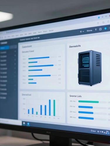 Close-up of a modern secure cloud dashboard displaying real-time server metrics on a screen in a corporate office, cool blue lighting