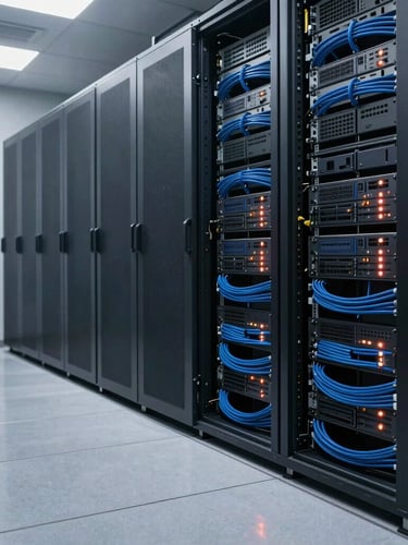 Wide shot of a clean, modern server room with organized blue cabling and status lights reflecting on a polished floor.