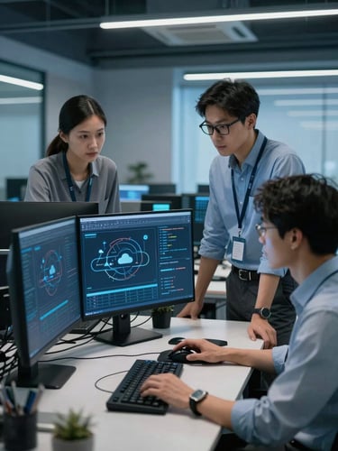 Modern office environment with IT professionals collaborating over a secure cloud infrastructure dashboard on screens, cool blue lighting.