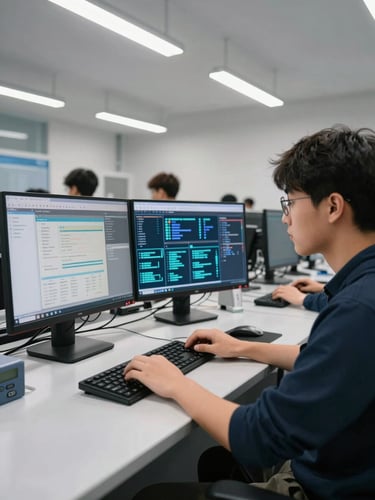 Wide-angle shot of a focused student seated at a workstation in a professional training lab, hands on keyboard, dual monitors displaying a live IT audit dashboard with GRC platform controls and security event logs glowing in blue and teal, overhead fluorescent lighting casting sharp focus on the screen and desk surface, other students visible working in the background