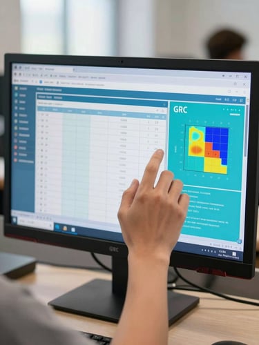 Close-up of a student's hands navigating a GRC platform on a large monitor, screen showing audit control matrices and risk heatmaps in blue and teal UI, training room visible softly out of focus in the background, bright daylit interior, no text overlays, no people looking at camera