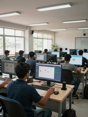 Wide shot of an active training room interior in Hyderabad, students seated at workstations with large monitors showing security dashboards, bright daylight from side windows, focused atmosphere, no one looking at the camera, overhead fluorescent and natural light mix