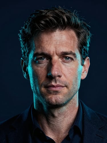 Cinematic close-up portrait of a trustworthy French male founder in a dark navy studio, subtle cyan neon rim lighting, high contrast, professional, 35mm photography