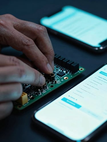 Macro shot of calloused hands working on an electrical board, contrasted with a glowing smartphone screen displaying automated invoice metrics, moody cyan neon rim lighting, deep navy background, high contrast, 35mm