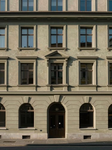 Minimalistische, geradlinige Außenaufnahme eines historischen Sandsteingebäudes an der Rue du Simplon in Lausanne, weiches Tageslicht, Fokus auf architektonische Details und Symmetrie.