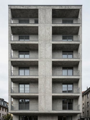 Straight-on architectural elevation of a modern concrete and steel residential building in Lausanne, soft diffused daylight, clean structural lines, minimalist Swiss design.