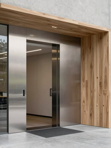 Interior detail of a modern Swiss office entrance, showing high-quality brushed metal surfaces, clean concrete walls, and light oak elements, illuminated by soft diffused daylight.