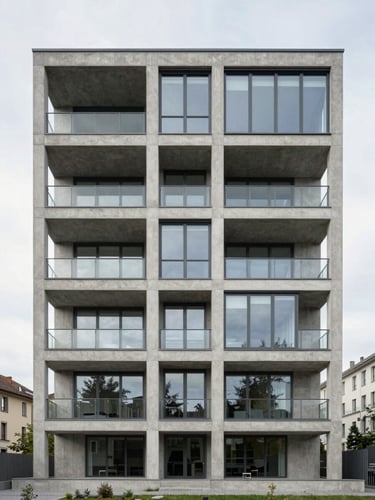 Straight-on architectural elevation of a modern Swiss concrete and glass residential building in Lausanne, soft diffused daylight, clean geometric lines, minimalist composition.