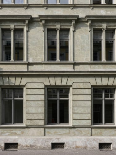 Straight-on architectural elevation of historic Lausanne stone facade, soft diffused daylight, clean structural lines, unpopulated, professional framing.