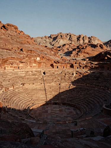 Wide panoramic shot of a rugged stone amphitheater carved into a red rock desert mountain at golden hour, deep long shadows, sharp rock textures.