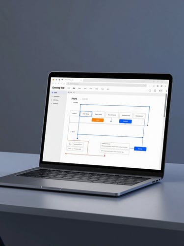 Modern minimalist workspace, clean laptop screen showing automated workflow diagrams, cool high-contrast studio lighting with subtle electric blue highlights, sharp focus, 35mm