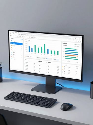 A modern minimal desk setup with an ultra-wide monitor displaying clean sales analytics dashboards, cool studio lighting with subtle electric blue highlights, sharp focus