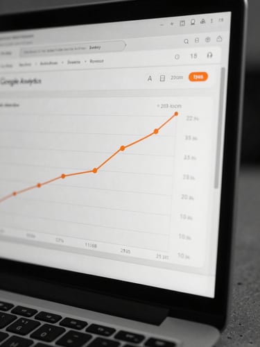High-contrast macro shot of a laptop screen displaying a Google Analytics dashboard showing a clear upward trend in revenue, cool office light, sharp focus on the growth curve, monochrome with safety orange highlights on key metrics.