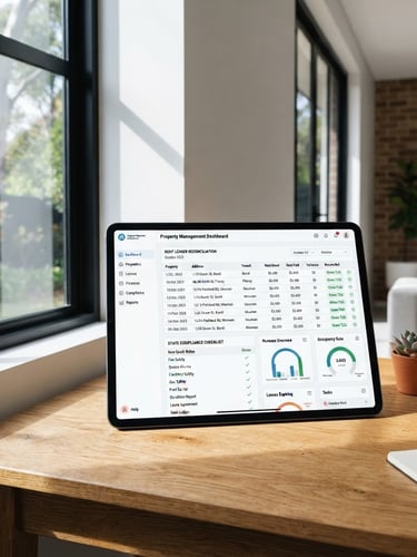 A crisp screenshot of a clean property management dashboard on a tablet, showing rent ledger reconciliation and state-specific compliance checkmarks, placed on a wooden desk next to a window with bright natural daylight and sharp shadows.
