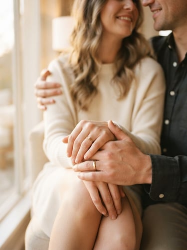 Intimate close-up of a modern couple, hands gently touching, soft golden-hour window light, warm creamy neutral tones, shallow depth of field, 35mm film