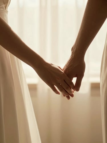 Intimate couple interaction, soft warm golden hour light, hands gently touching, wedding dress fabric detail, shallow depth of field