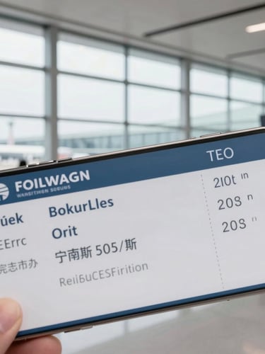 Close-up of a digital boarding pass on a smartphone screen, held in front of a clean, modern airport terminal window, bright overcast daylight, sharp focus.
