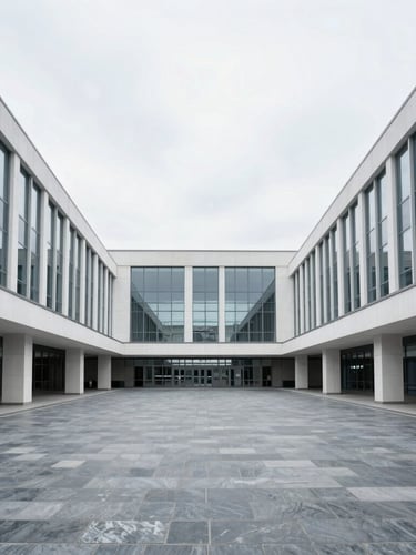 Symmetrical architectural wide-angle shot of a modern European train station terminal, bright overcast daylight, cool slate and white tones, sharp focus.