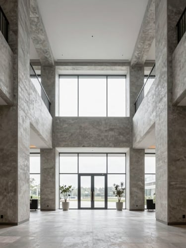 Symmetrical wide-angle shot of a modern hotel lobby with architectural concrete columns, cool slate tones, bright overcast daylight through high windows.
