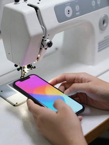 Close-up of hands operating a smartphone next to a sewing machine, vibrant screen glow, high contrast workshop lighting, shallow depth of field