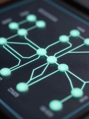 Macro close-up of a complex game economy system architecture diagram on a dark screen, glowing electric mint lines and nodes, shallow depth of field.