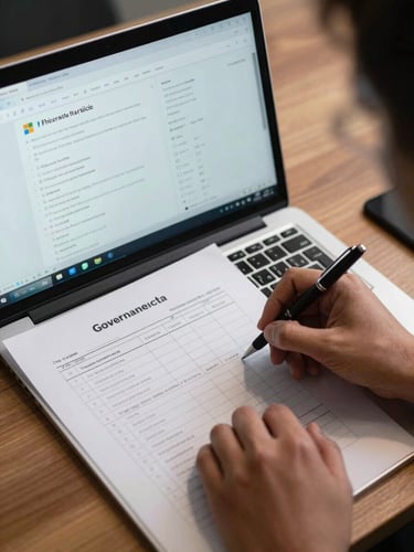 Close-up overhead shot of a data analyst's desk in an Abidjan office — open laptop showing a Microsoft Fabric workspace, printed data governance checklist, a pen mid-annotation, cool studio lighting highlighting the screen detail