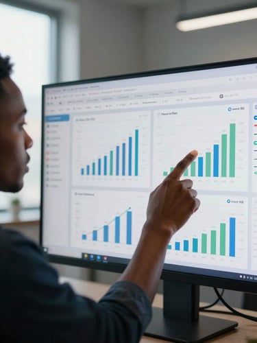 Close-up of an African analyst pointing at a large Power BI dashboard screen showing finance KPIs, cool office daylight from the left, data charts crisp and legible in the foreground