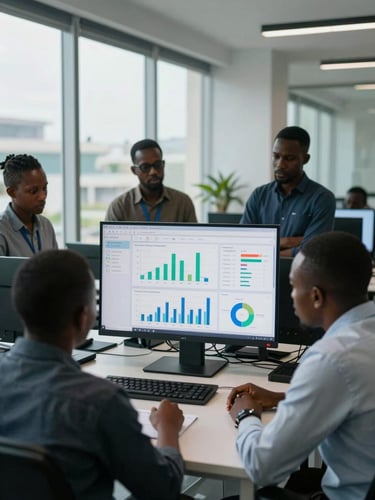 Wide-angle view inside a modern Abidjan office, an Ivorian team gathered around a large monitor displaying a Power BI dashboard with KPI charts, natural office daylight from left-side windows, cool color temperature, focus on the screen and attentive faces