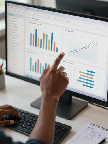 Close-up overhead view of an Ivorian consultant's hands pointing at a large monitor showing a Power BI KPI dashboard with bar charts and trend lines, a notebook with data annotations beside the keyboard, cool office daylight, sharp documentary framing with the screen filling most of the frame