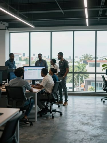 Wide shot from inside a modern open-plan office in Abidjan, a team of Ivorian data professionals gathered around a large monitor displaying a Power BI dashboard, natural daylight filtering through floor-to-ceiling windows, cool color temperature, documentary framing, subject group occupying the left two-thirds of frame with generous negative space to the right