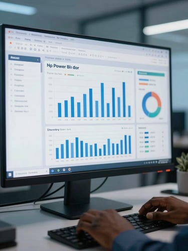 Close-up of a Power BI dashboard displayed on a large monitor in a modern Abidjan office, cool blue ambient lighting, KPI tiles and bar charts clearly visible on screen, African professional's hands resting on keyboard in foreground