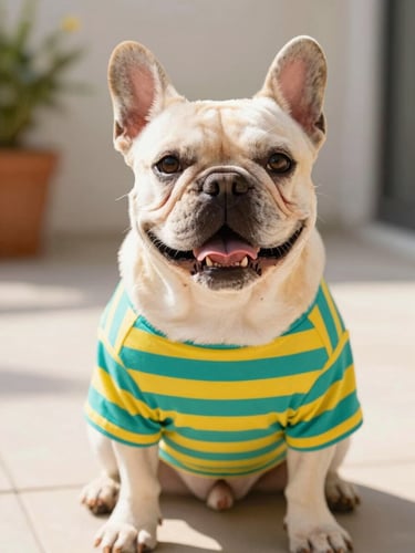 A happy French Bulldog wearing a colorful handmade teal and yellow striped shirt, sitting on a sunny patio, eye-level shot, warm daylight, shallow depth of field