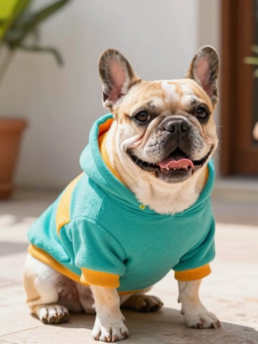 bright lifestyle pet photography, warm natural daylight, vibrant cheerful tones, shallow depth of field, 35mm lens. Eye-level shot of a happy French Bulldog wearing a colorful handmade teal hoodie, sitting on a sunny patio in Mexico.