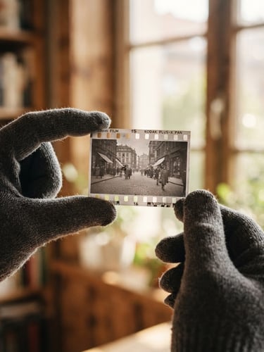Close-up of gloved hands gently holding a vintage film negative up to soft window light, shallow depth of field, rich nostalgic tones.