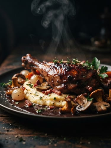 Dramatic close-up of a perfectly plated European dish, steam rising, dark moody background, high contrast, single-source side lighting, rich shadows, macro lens, cinematic depth of field