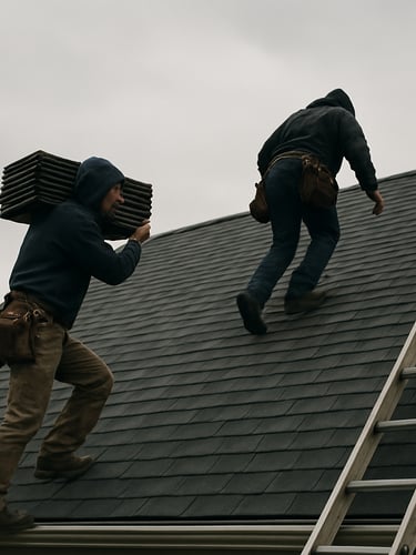 Wide documentary shot, two roofers climbing a steep residential roof on an overcast North Jersey morning, one carrying a bundle of shingles over his shoulder, gray sky above, ladder visible at the right edge of the frame