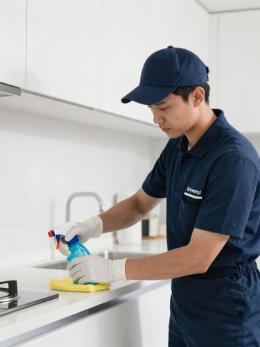 Professional cleaner in neat branded uniform meticulously detailing a pristine modern kitchen, bright natural light, clean navy and white tones, sharp focus, 35mm