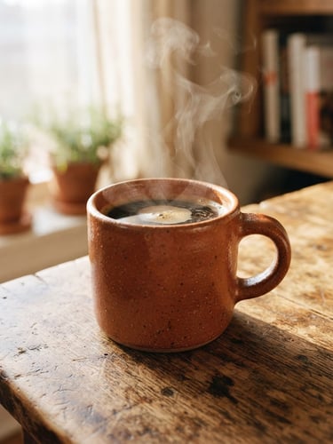 Close-up of a chunky terracotta mug filled with hot coffee, steam rising, placed on a rustic kitchen table in warm morning sunlight, 35mm film grain