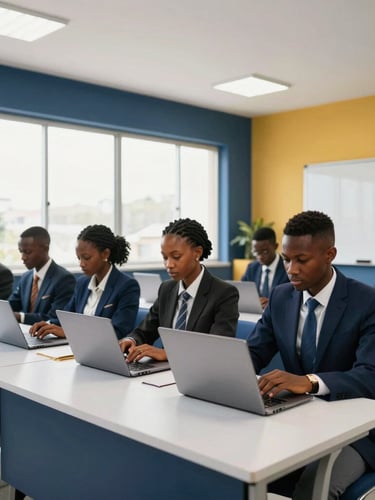 Wide angle photograph of a modern bright classroom in Abidjan, professional West African students with laptops collaborating, natural window light, navy and gold accents, 35mm