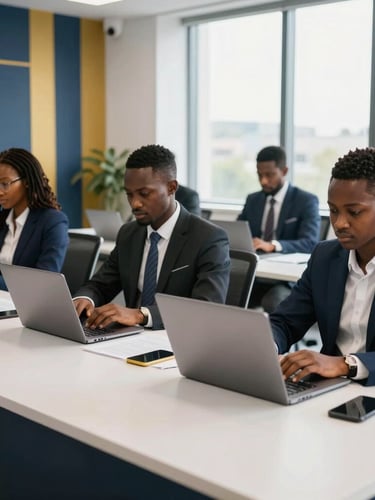 Modern corporate training room in Treichville Abidjan, natural window light illuminating professional learners with laptops, clean navy and gold accents, 35mm
